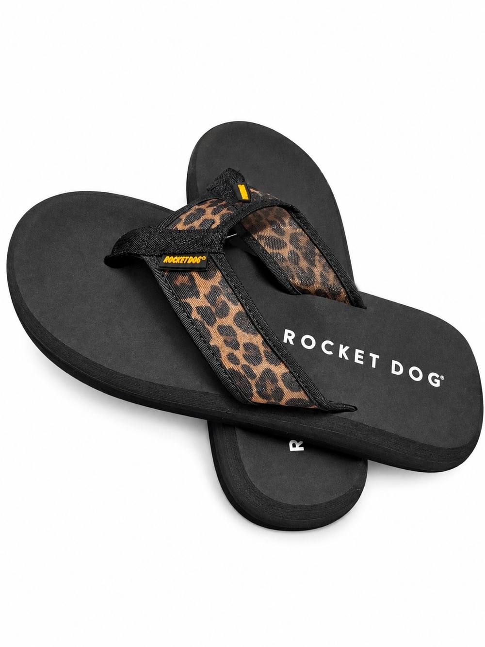 New! Rocket Dog Black Flip Flops with Leopard-Print Straps Sz 11 Women